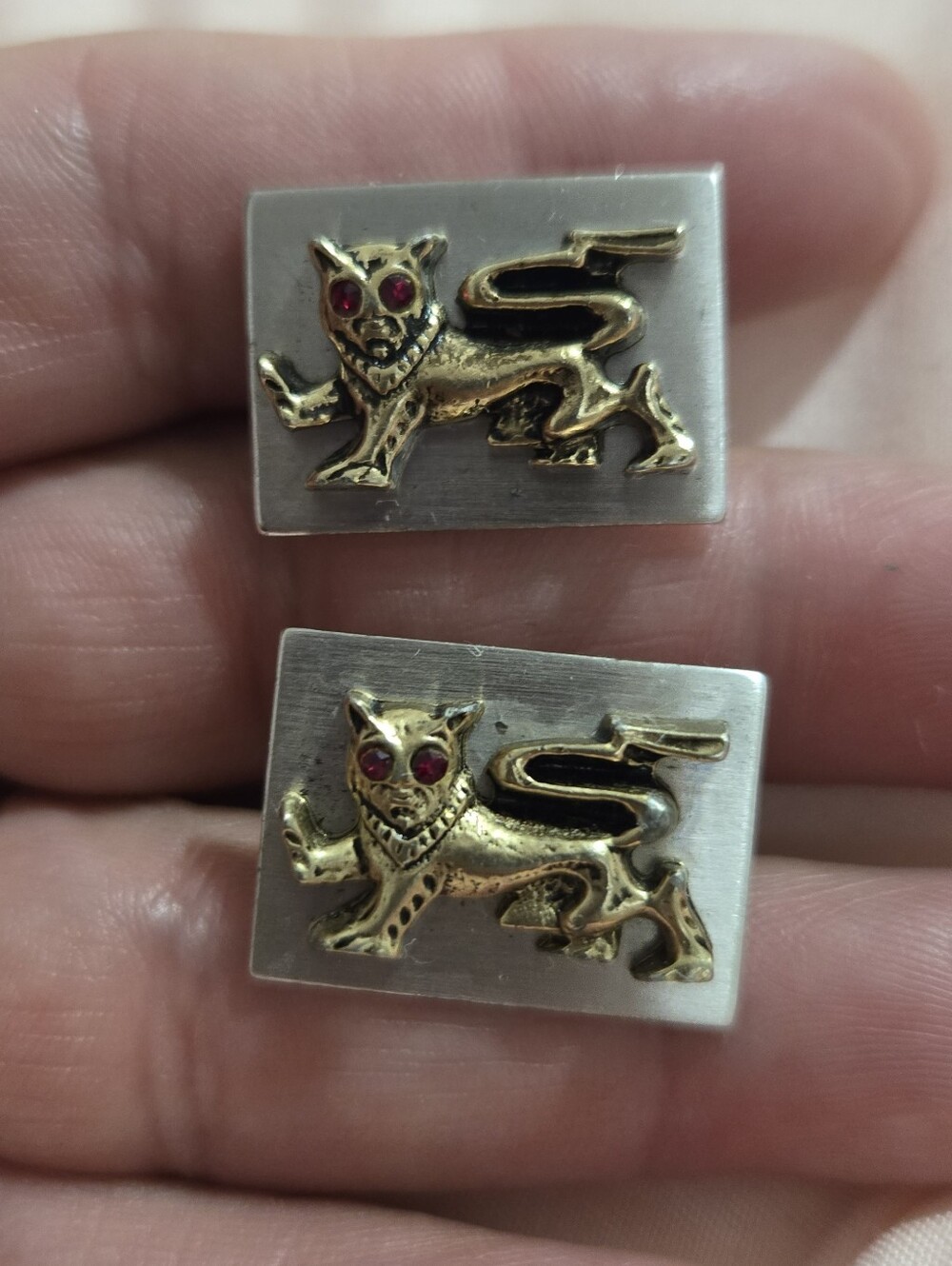 Vintage Gold Lion Crest Cufflinks with Red Eyes - Rectangular Silver Back
